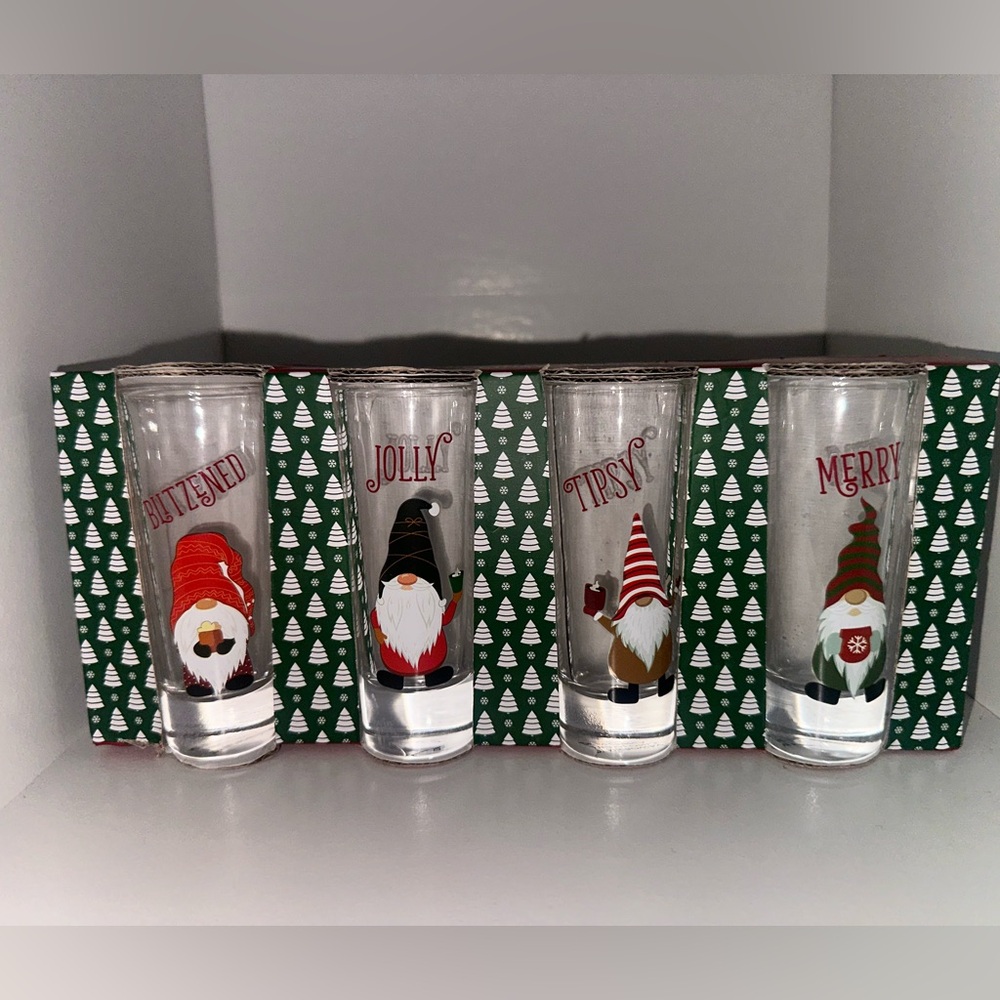 Gnome New Holiday Tall Shooters Blitzened, Jolly, Tipsy & Merry ~ Set of 4